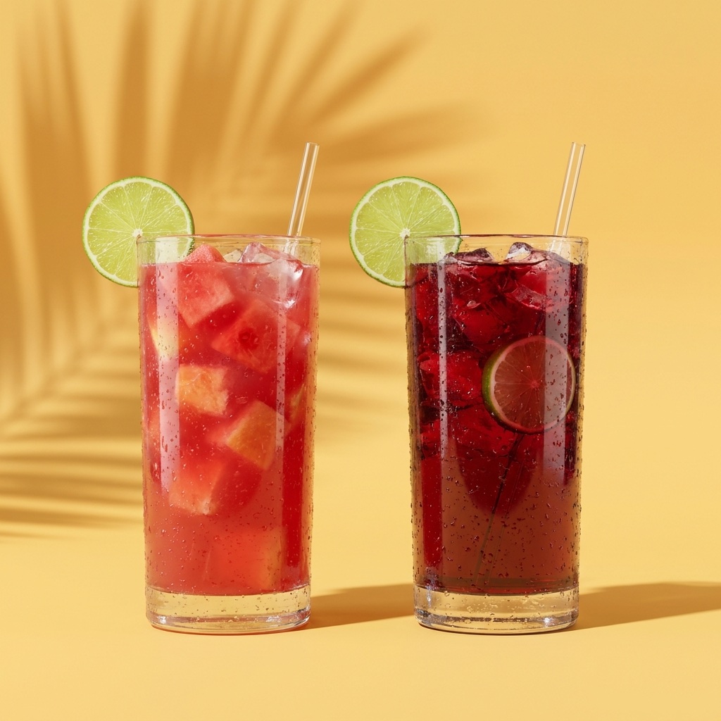 Dos vasos de agua fresca con limón y sombra de palma sobre fondo amarillo