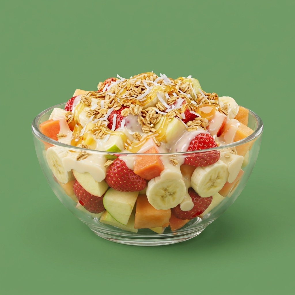 Tazón de biónico con fruta picada, fresas, plátano y granola sobre fondo verde